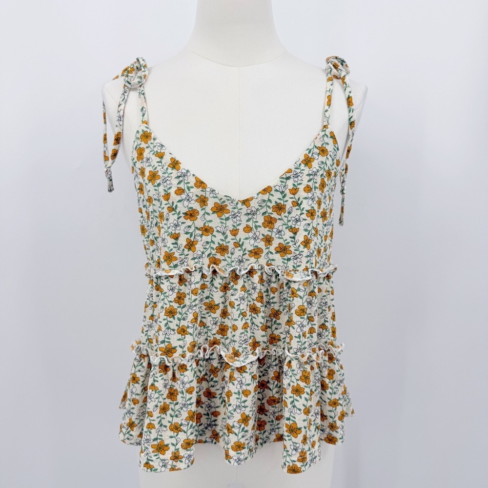 E&M Floral Tie Strap Peplum Top M Cottagecore Boho Prairie Fairycore Babydoll